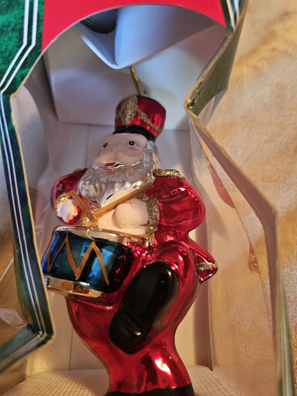 Holiday Glass Drummer Santa Ornament - Red